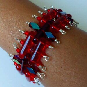 Artisan Made Red Glass Beads Wire Work Bracelet Hook Loop Closure